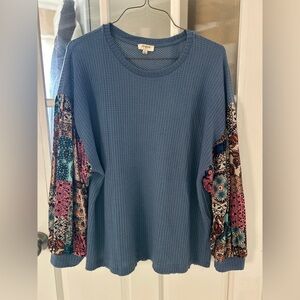 Umgee Blue Top with Colorful Patterned Sleeves